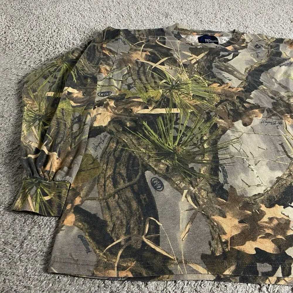 Vintage Wohali Outdoors Forest Camo Print T-shirt Size XL Hunting Fishing